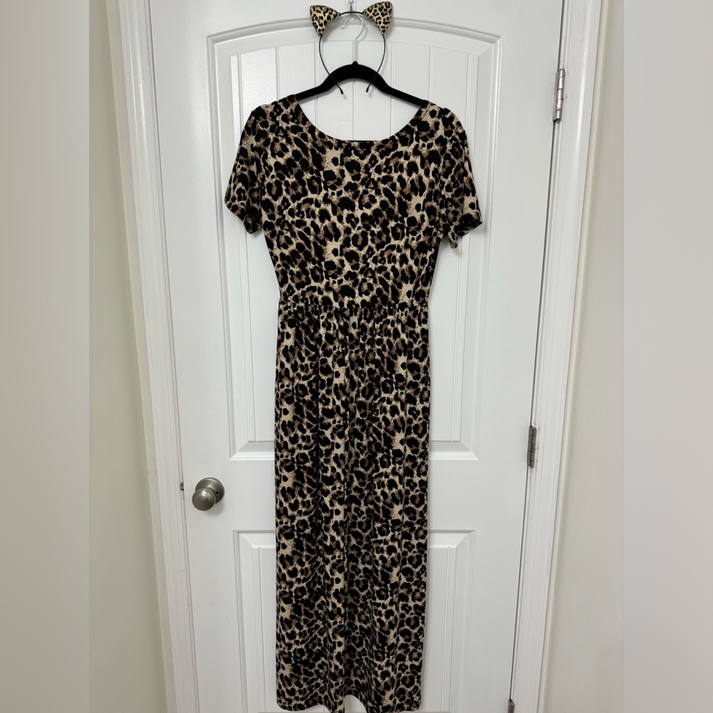 Auselily Women Maxi Dress Leopard Short Sleeve (Halloween Cat Ears Included)